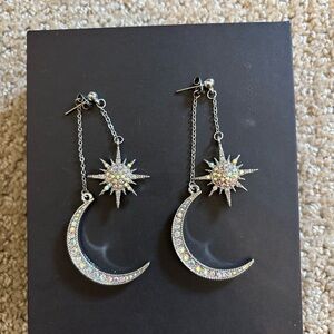 Silver Crescent Moon and Star Sparkly Earrings NWOT 3”